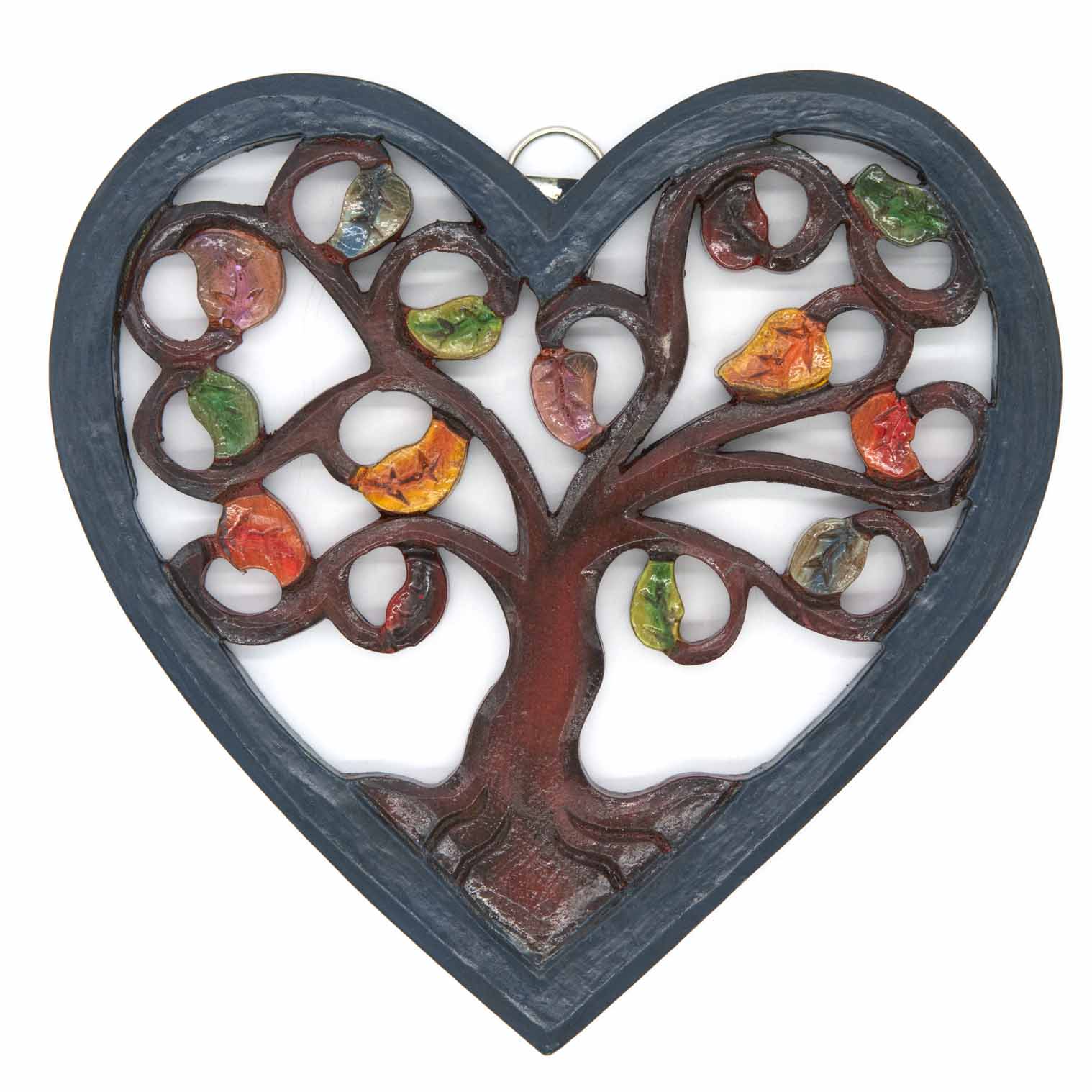 Front view of heart-shaped Tree of Life plaque with dark curling branches and hand-painted red, amber and green leaves