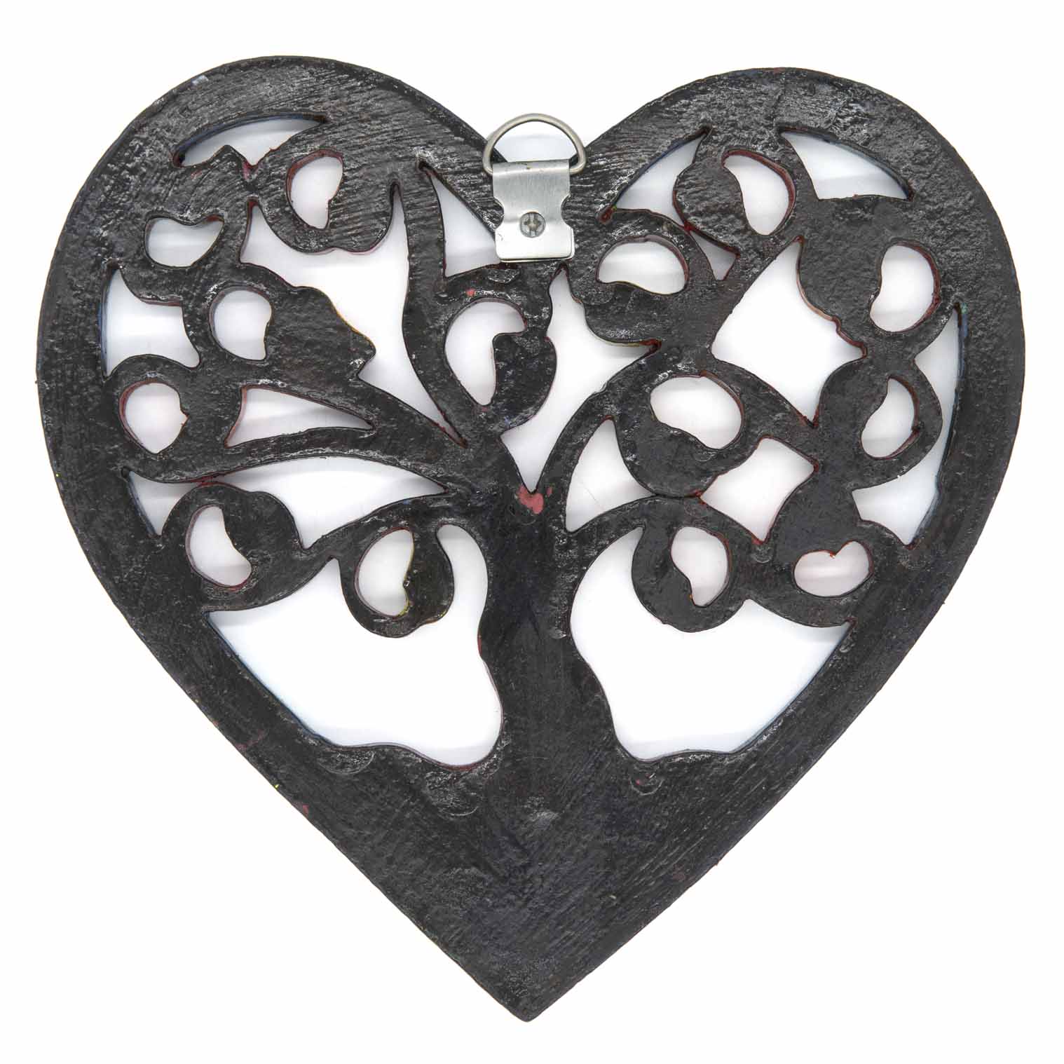 Reverse of heart-shaped Tree of Life plaque showing dark painted back and metal hanging bracket