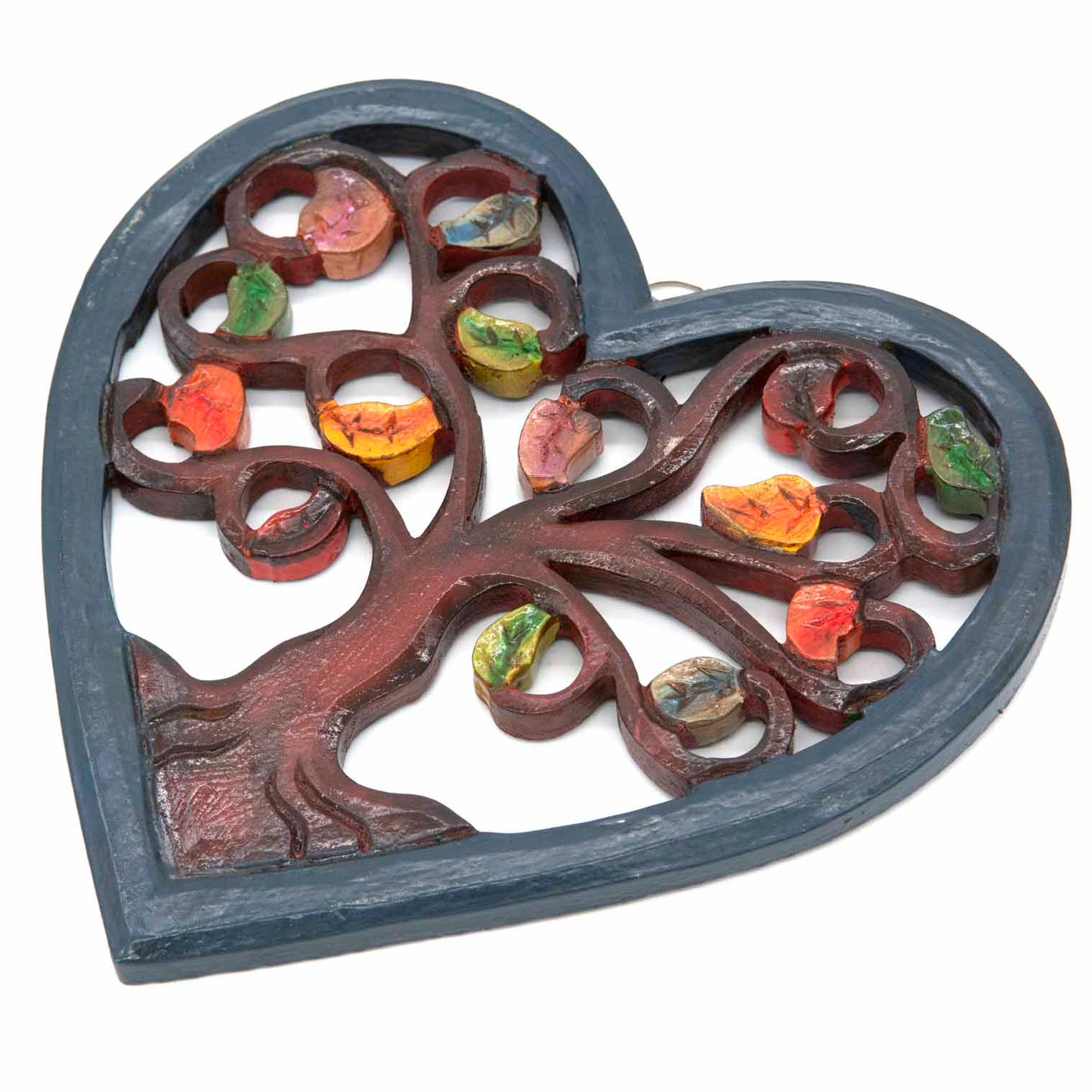 Heart Tree of Life plaque at an angle showing depth of carved branches and individually attached painted autumn leaves