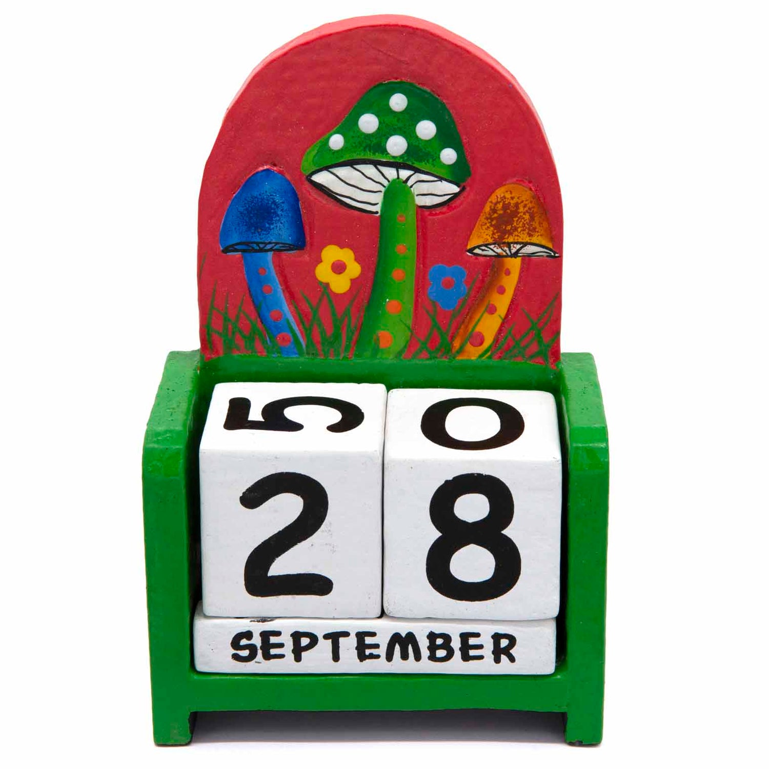 Green-framed wooden mushroom calendar with red arched backboard and white date blocks, front view