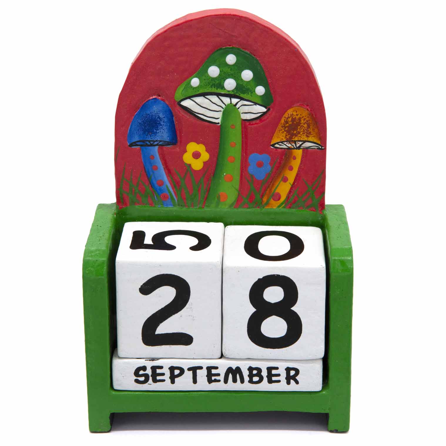 Green-framed wooden mushroom calendar with red arched backboard and white date blocks, front view
