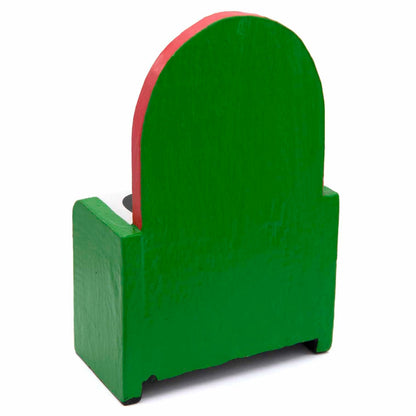 Reverse of green painted wooden mushroom calendar showing plain painted back panel