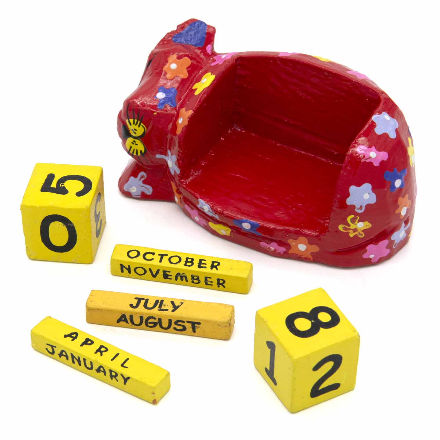 Red sleeping cat calendar with date blocks and month bars removed, showing full component set