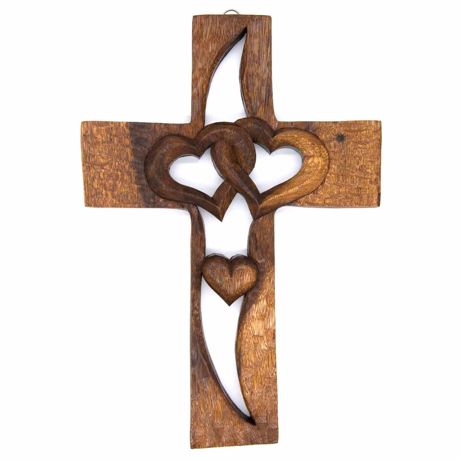 Carved wood cross with interlocking hearts, front view on white background showing open cut-through heart forms