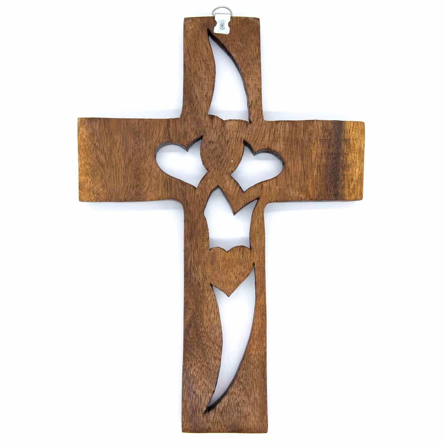 Carved wood cross, reverse showing hanging loop and plain wood back