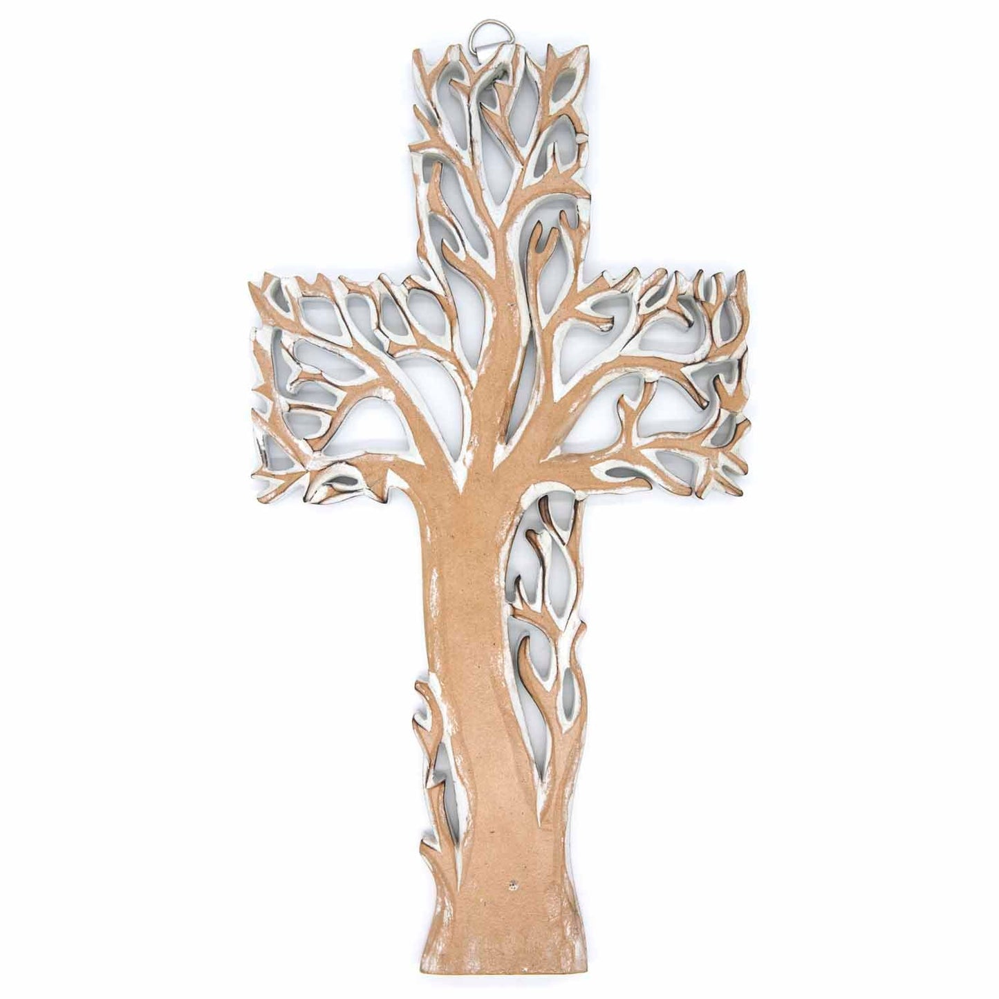 Front view of whitewash tree cross plaque on white background, bare tree relief carving filling the full cross shape