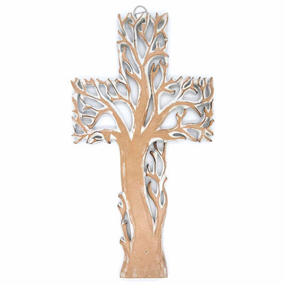 Front view of whitewash tree cross plaque on white background, bare tree relief carving filling the full cross shape