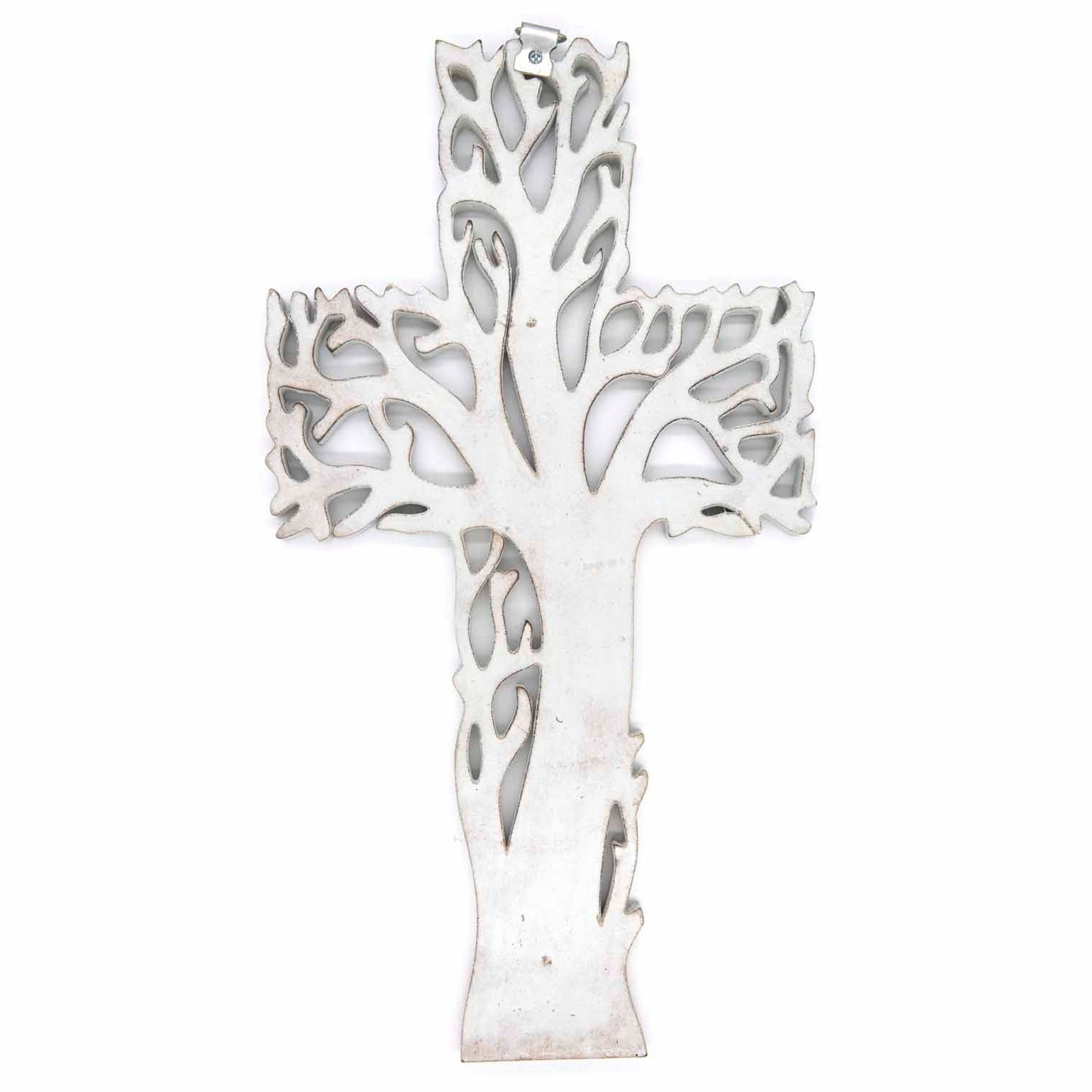 Reverse of whitewash tree cross plaque showing plain white-painted back and metal hanging bracket