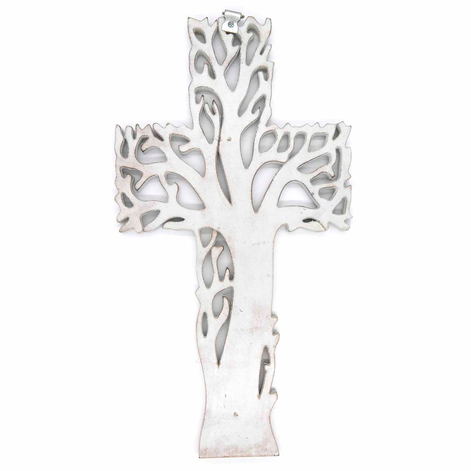 Reverse of whitewash tree cross plaque showing plain white-painted back and metal hanging bracket