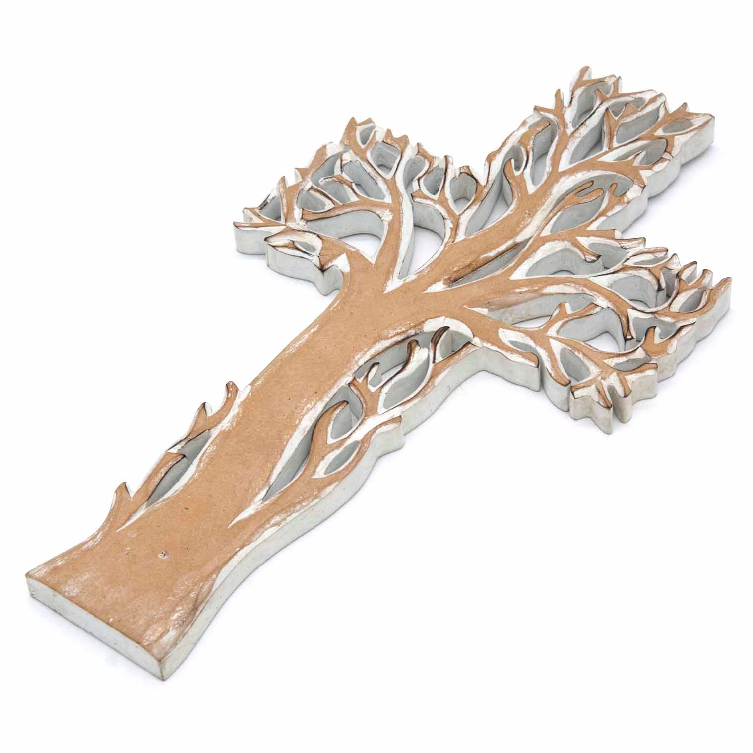 Tree of Life cross plaque at an angle showing 2cm depth of carved wood and whitewash finish on branches