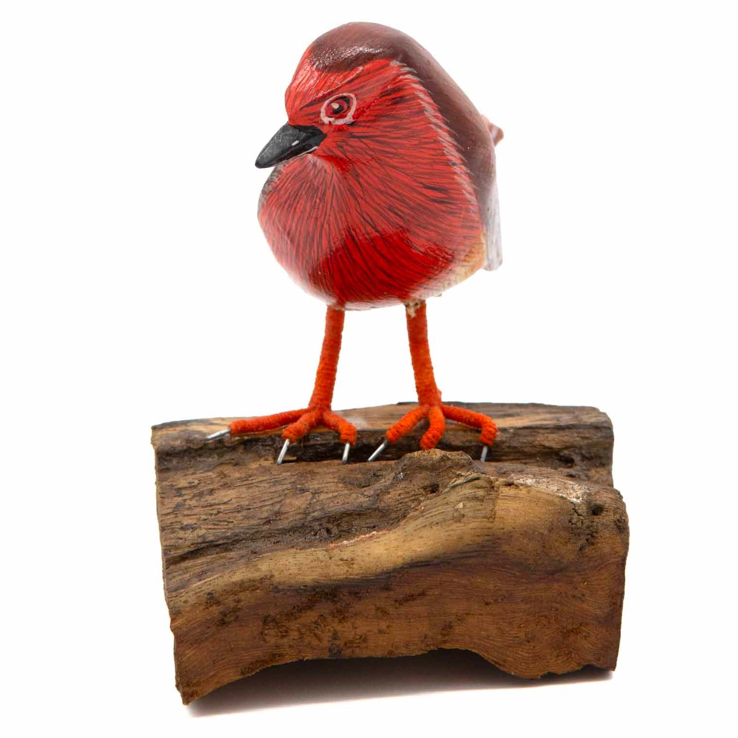 Painted wooden robin, front view showing full red breast and orange wire legs on wood stand