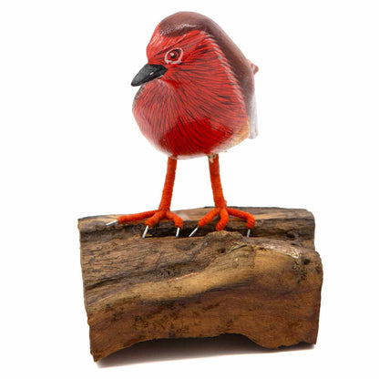 Painted wooden robin, front view showing full red breast and orange wire legs on wood stand