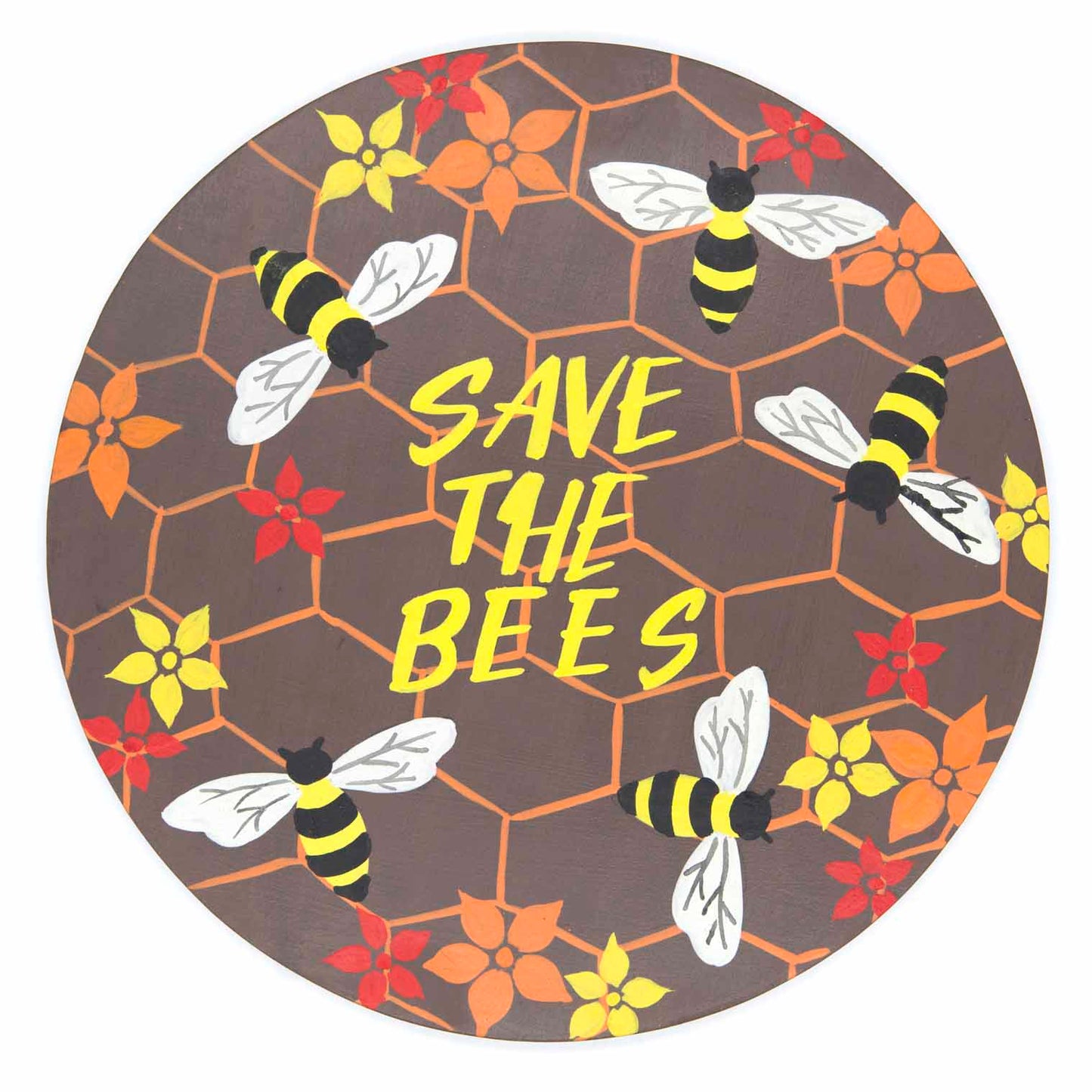 Front view of round bee wood plaque on white background showing honeycomb grid, six bees and multicolour flowers