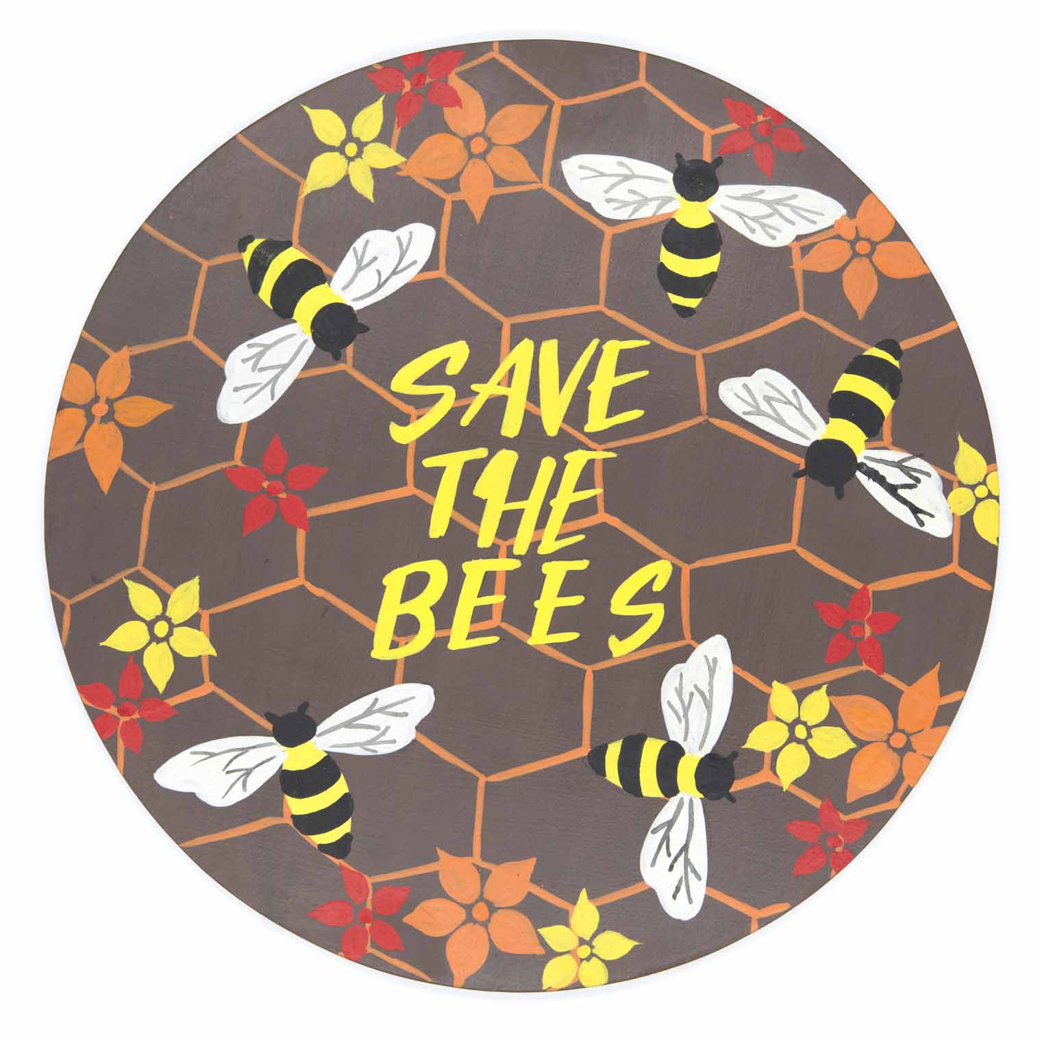 Front view of round bee wood plaque on white background showing honeycomb grid, six bees and multicolour flowers