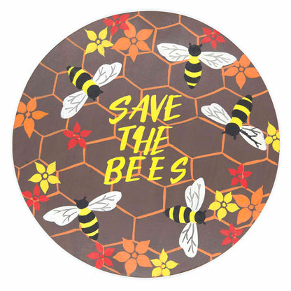 Front view of round bee wood plaque on white background showing honeycomb grid, six bees and multicolour flowers