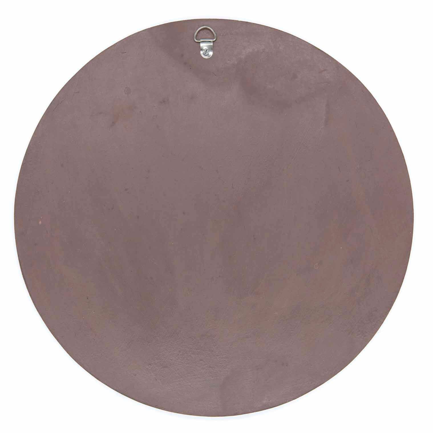 Reverse of round bee plaque showing plain dark wood back and metal hanging ring