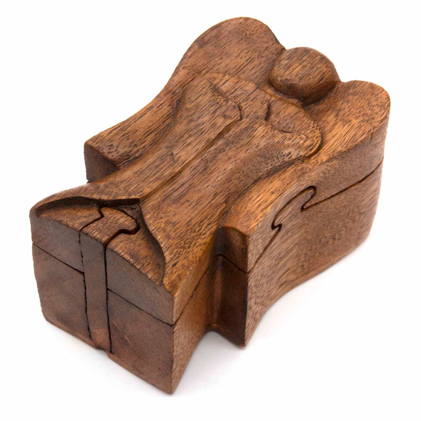 Wooden angel puzzle box closed, showing carved abstract angel form with puzzle joints visible, three-quarter view
