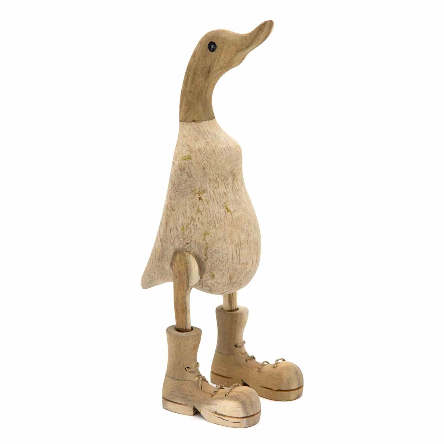 Three-quarter view of 25cm natural bamboo duck with lace-up boots showing pale root texture on white background