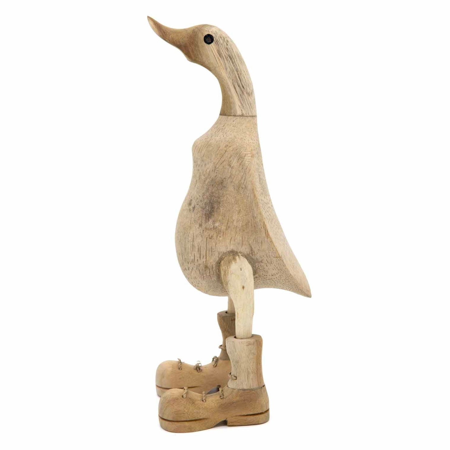 Side view of 25cm natural bamboo duck showing grain variation across body and wire-laced boots