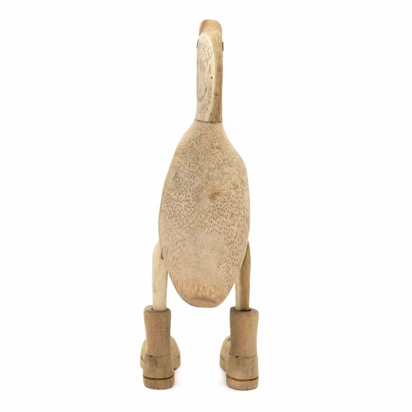 Front-on view of natural bamboo root duck showing full pale body, carved boots and fine pore texture