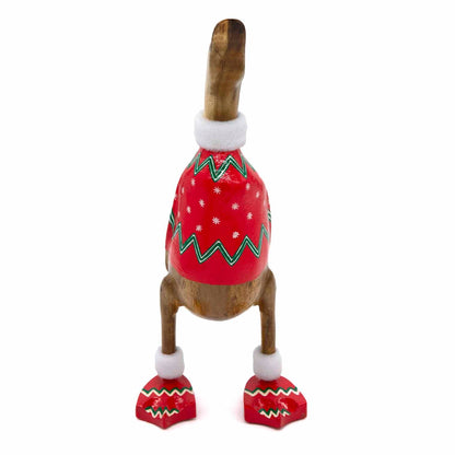 Rear view of Christmas jumper bamboo duck showing red snowflake jumper and white fur collar detail