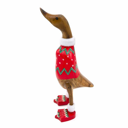 Side view of Christmas bamboo root duck showing natural bamboo neck and red zigzag-trimmed slippers