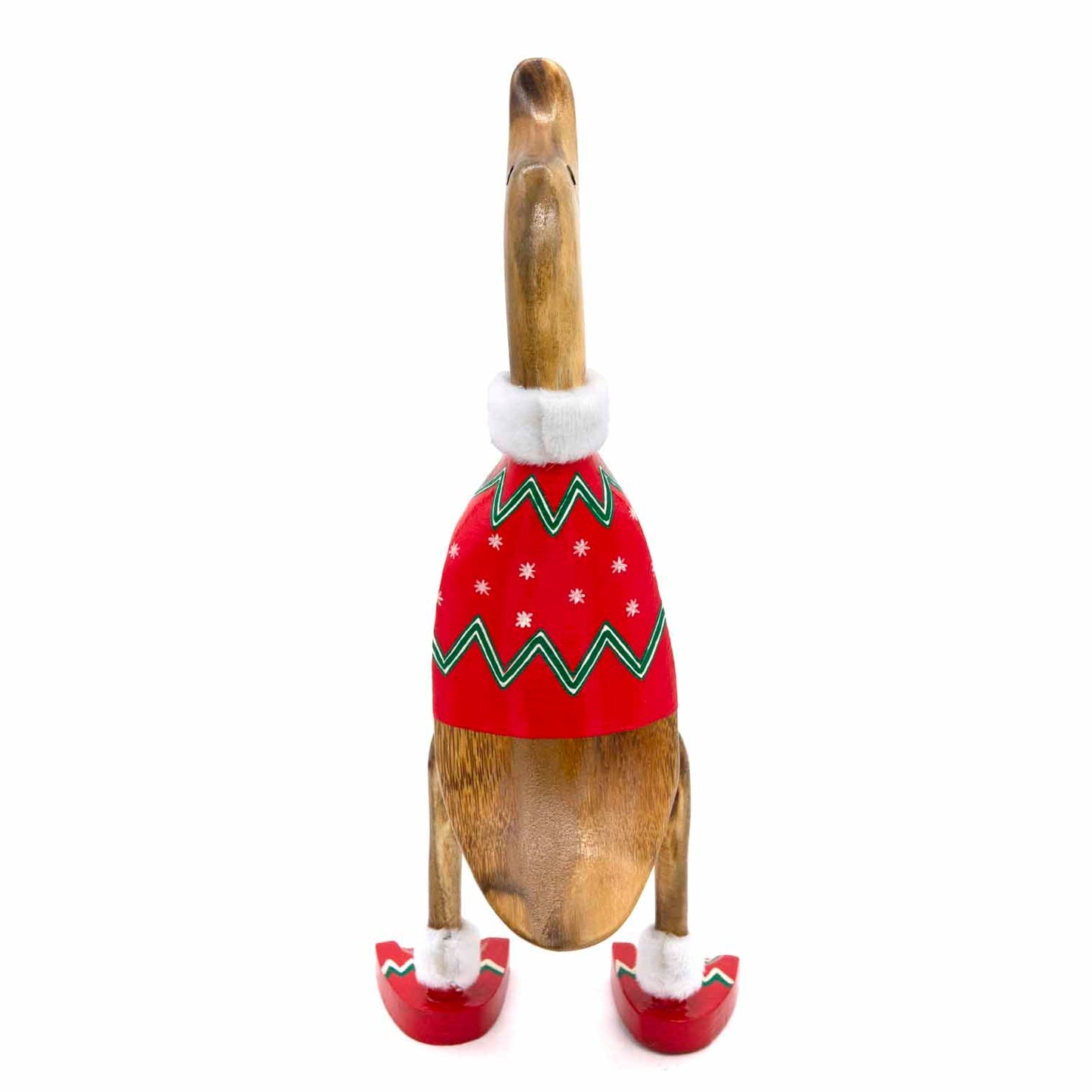 Front-on view of Christmas jumper bamboo duck showing full red snowflake body and fur-trimmed feet