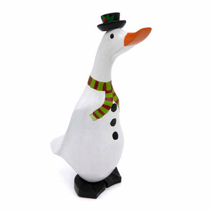 Three-quarter view of snowman bamboo duck showing white body, striped scarf and black button detail on white background