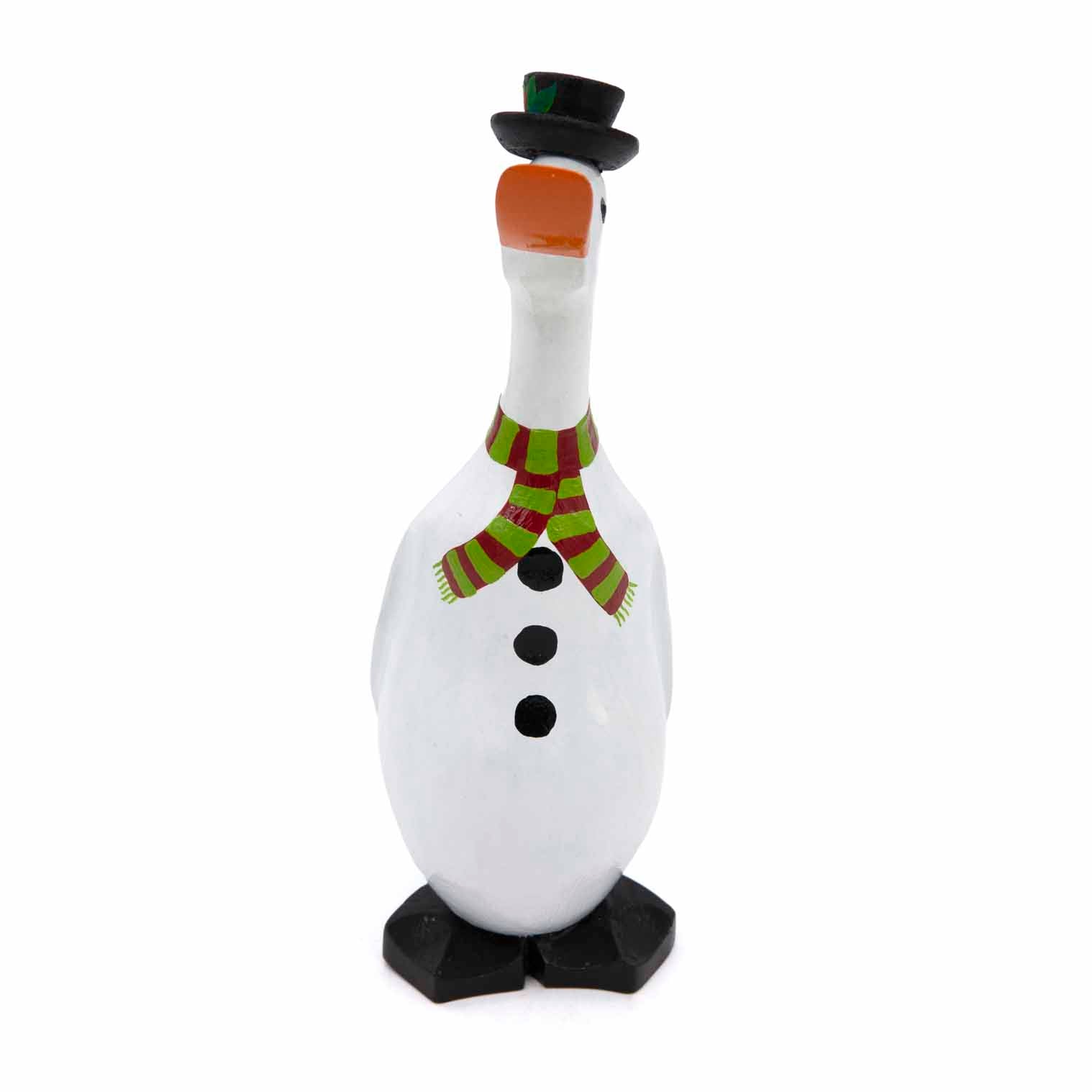 Front-on view of snowman bamboo root duck showing full white body, three buttons and striped scarf