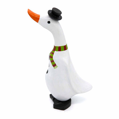 Side view of snowman bamboo duck showing orange bill, black top hat with holly and striped scarf detail