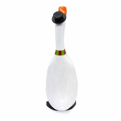 Rear view of snowman bamboo duck showing white body, striped scarf at neck and black top hat
