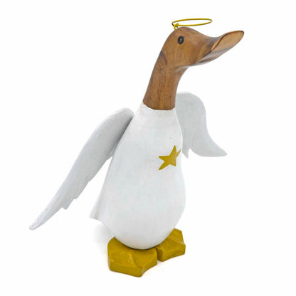 Three-quarter view of angel bamboo duck showing outstretched white wings, gold star and wire halo on white background