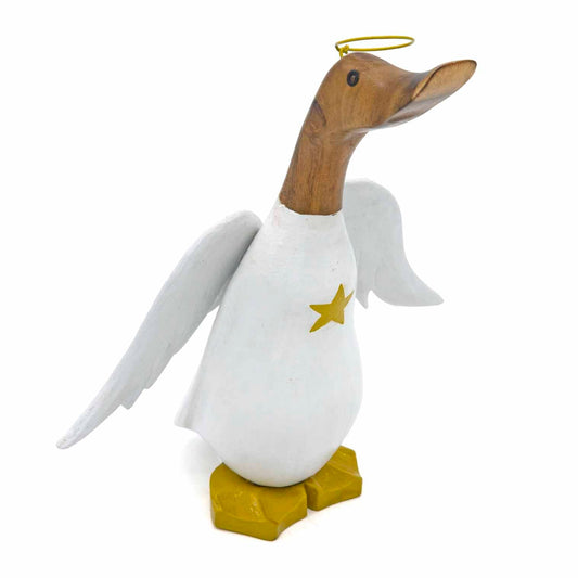 Three-quarter view of angel bamboo duck showing outstretched white wings, gold star and wire halo on white background