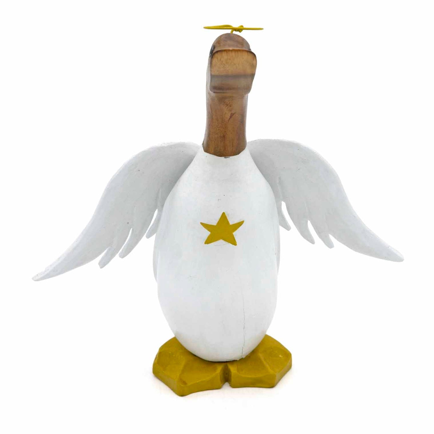 Front-on view of angel bamboo duck with wings spread wide, gold star on chest and gold-painted feet