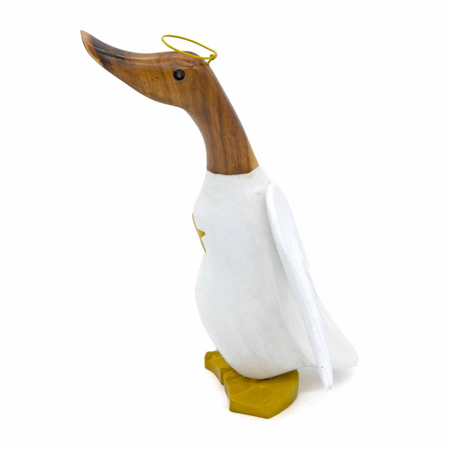 Side view of angel bamboo duck showing wire halo, natural bamboo neck and white wing detail