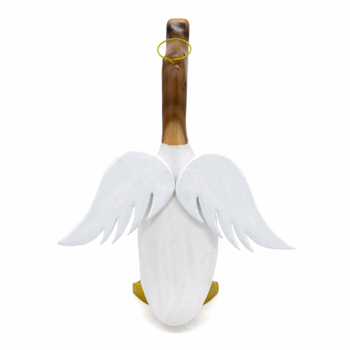Rear view of angel bamboo root duck showing carved white wings spread from the body, gold feet, Indonesia