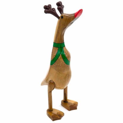 Three-quarter view of reindeer bamboo duck showing carved antlers, red bill and green scarf on white background