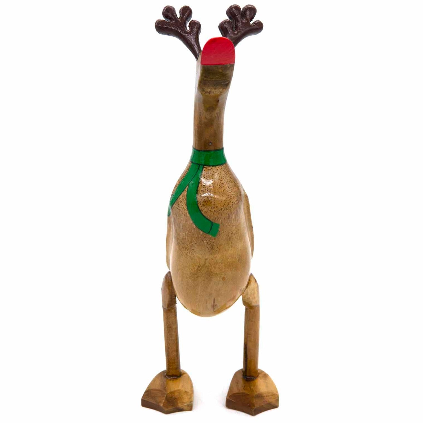 Front-on view of reindeer bamboo root duck showing full natural bamboo body, antlers and green scarf
