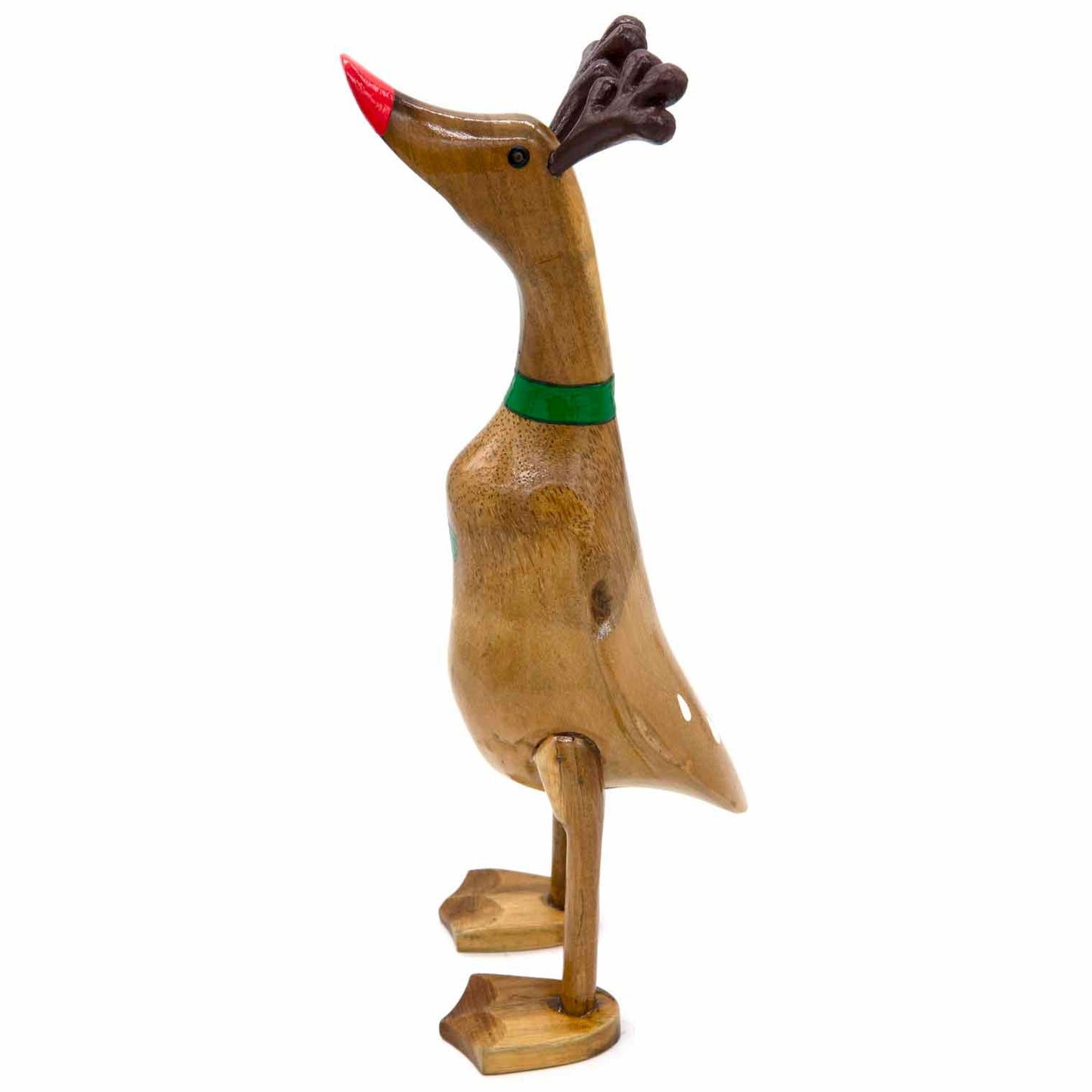 Side view of reindeer bamboo duck showing carved antlers, red bill and white spot detail on tail