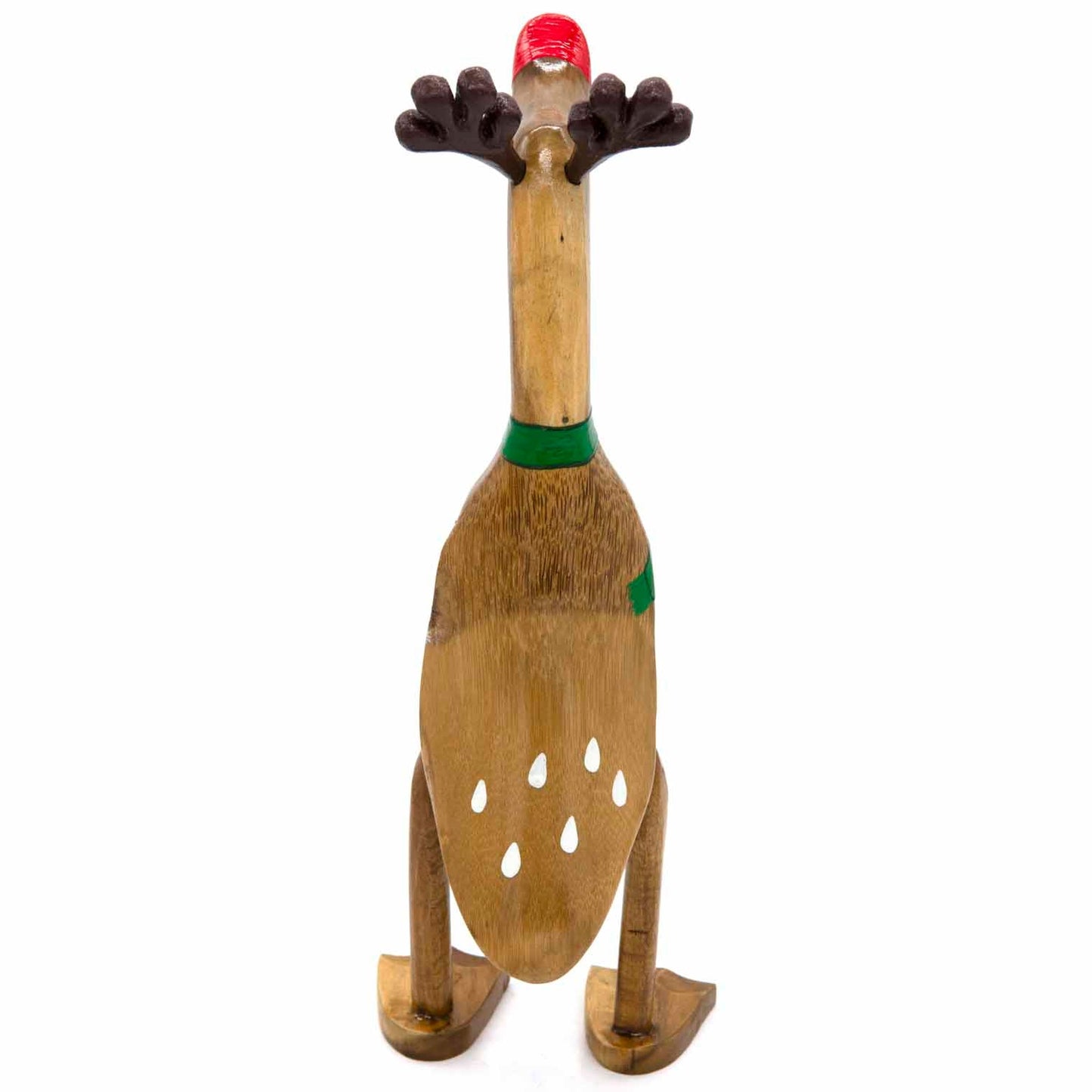 Rear view of reindeer bamboo duck showing natural bamboo grain, white spot markings and carved antlers