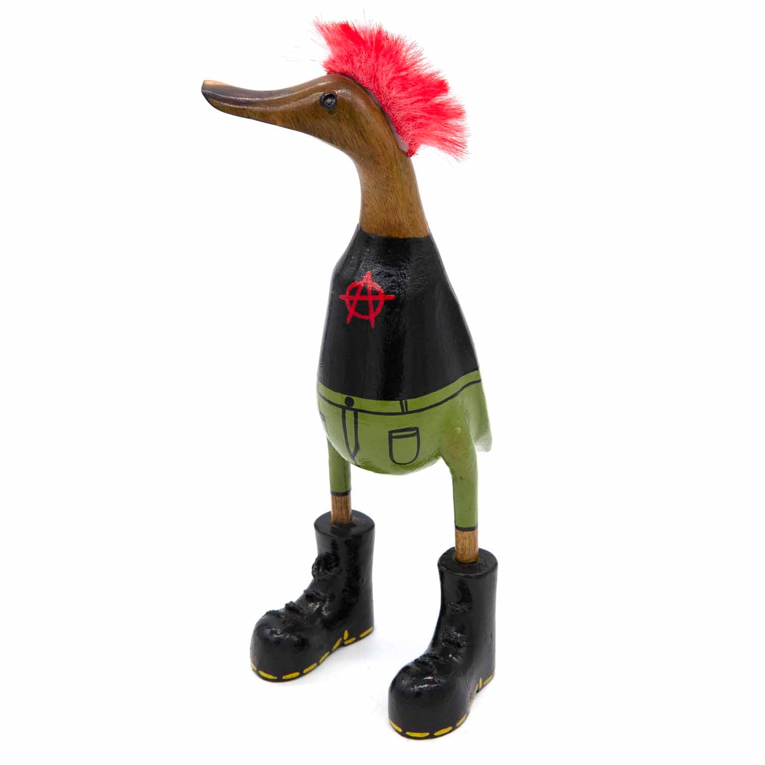 Three-quarter view of punk bamboo duck showing red mohawk, black jacket with anarchy symbol and chunky boots on white backgro