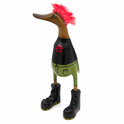 Three-quarter view of punk bamboo duck showing red mohawk, black jacket with anarchy symbol and chunky boots on white backgro