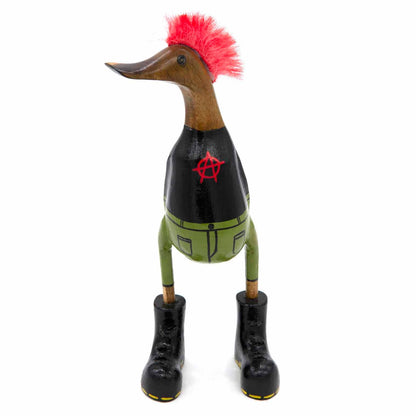 Front-on view of punk bamboo duck showing olive trousers, black jacket and yellow-stitched boots