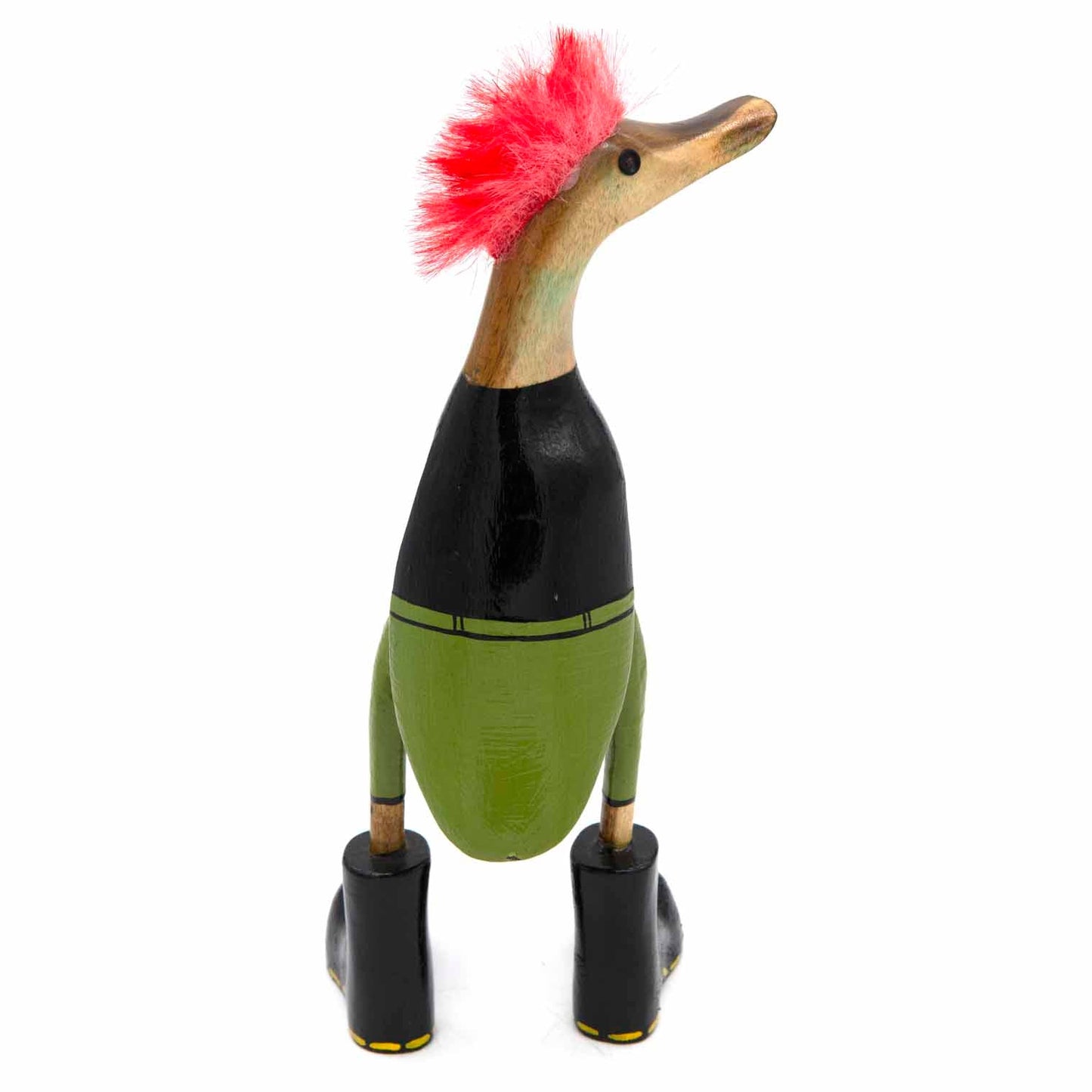 Three-quarter rear view of punk bamboo duck showing natural bamboo neck, olive trousers and black platform boots