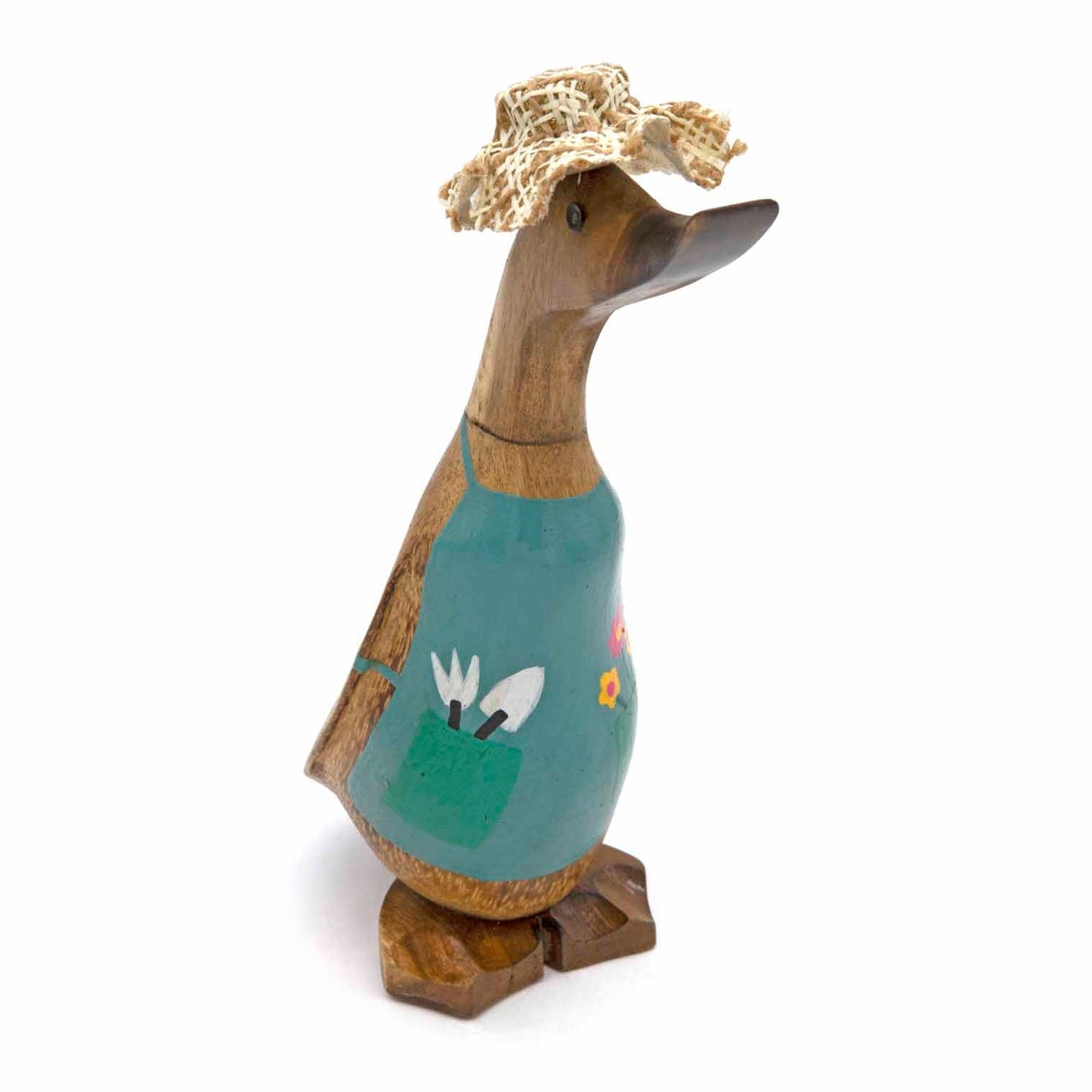 Three-quarter view of gardening bamboo duck showing teal apron with painted garden tools and straw hat on white background