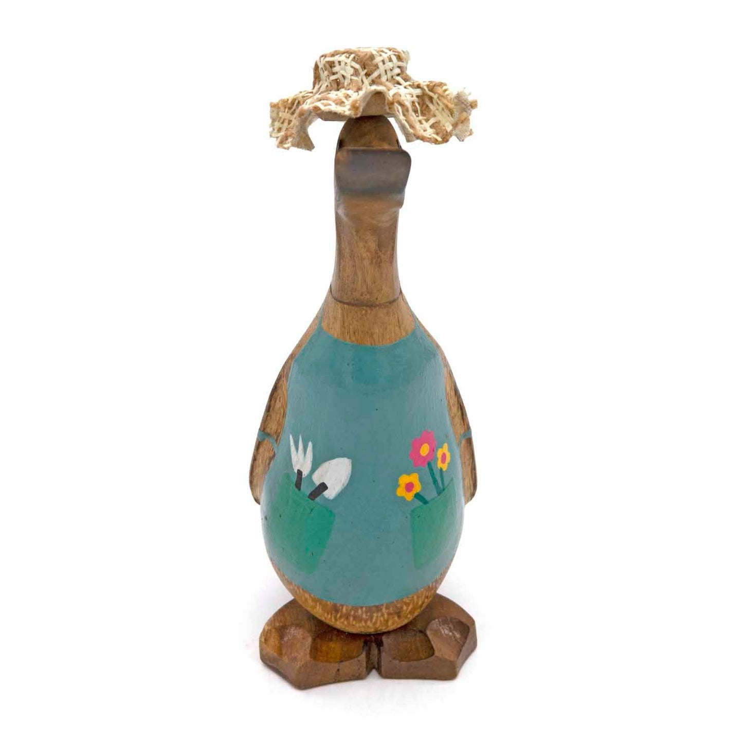 Front-on view of gardening bamboo duck showing full teal apron with tool pocket and flower detail