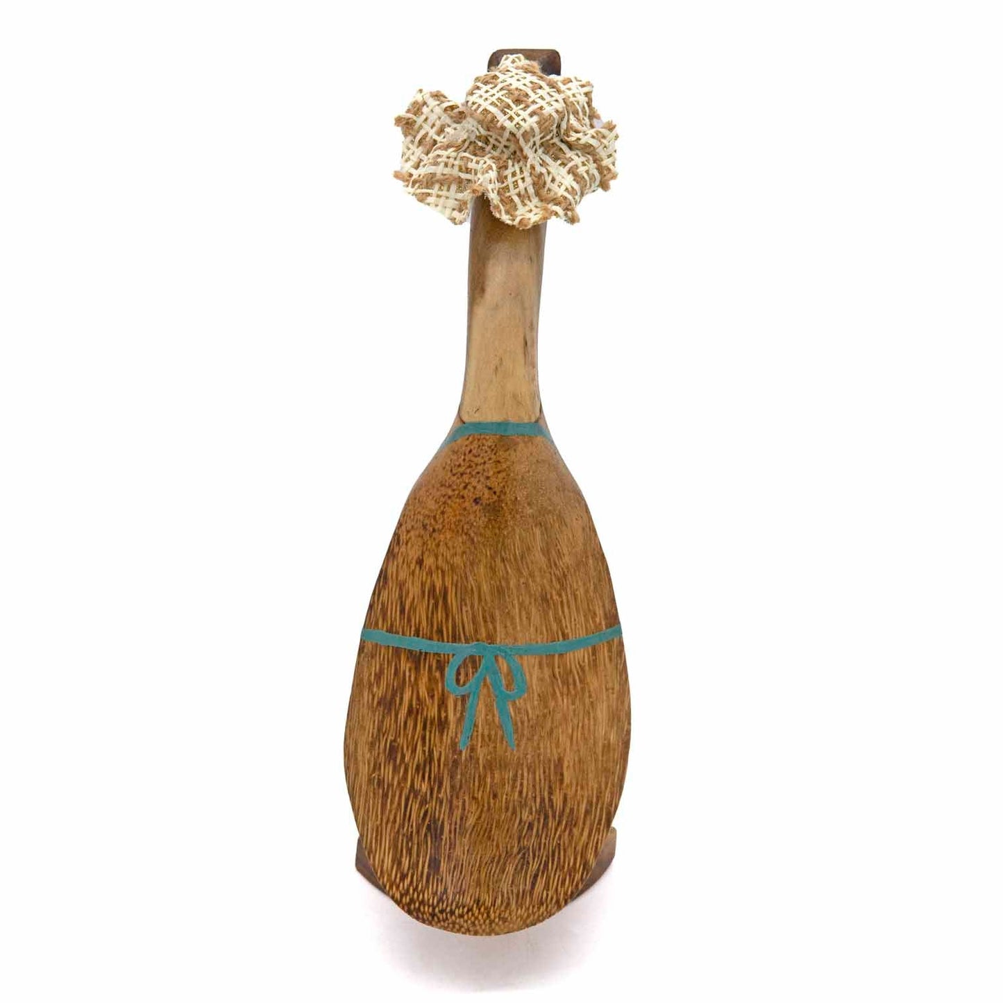 Rear view of gardening bamboo duck showing natural bamboo root grain and teal apron tie detail