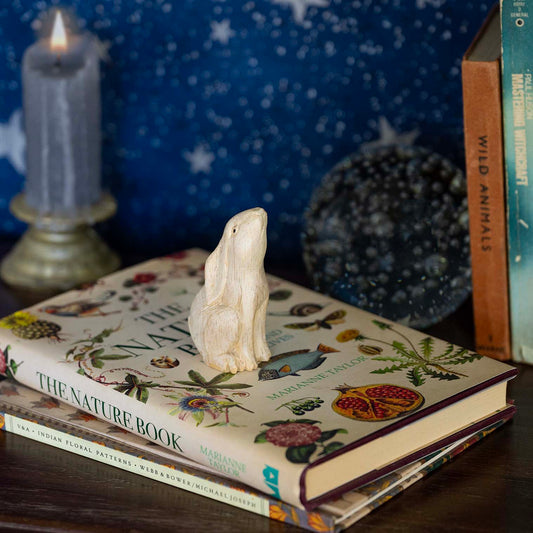 Pale wood hare carving sitting upright on nature book, head tilted back, beside lit candle and botanical books