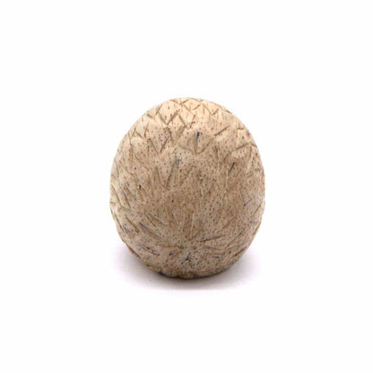 Mini hedgehog carving, rear view showing full diamond-cut spine pattern across pale wood