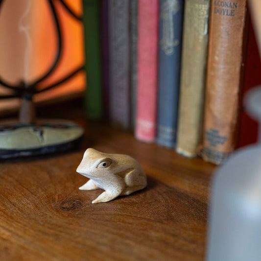 Hand-carved pale wood frog figurine in crouching position on wooden surface, vintage books blurred behind